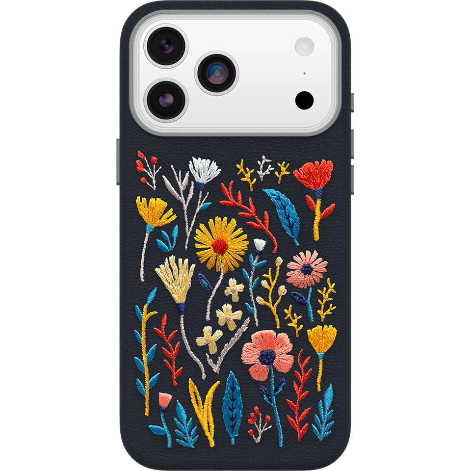 Blue Flower Faux leather Embroidery iPhone 17 Pro Max case 